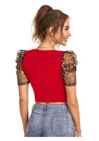 Trendy Puff Sleeve Mesh Crop Top for Women | Party & Casual Wear