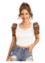 Trendy Puff Sleeve Mesh Crop Top for Women | Party & Casual Wear