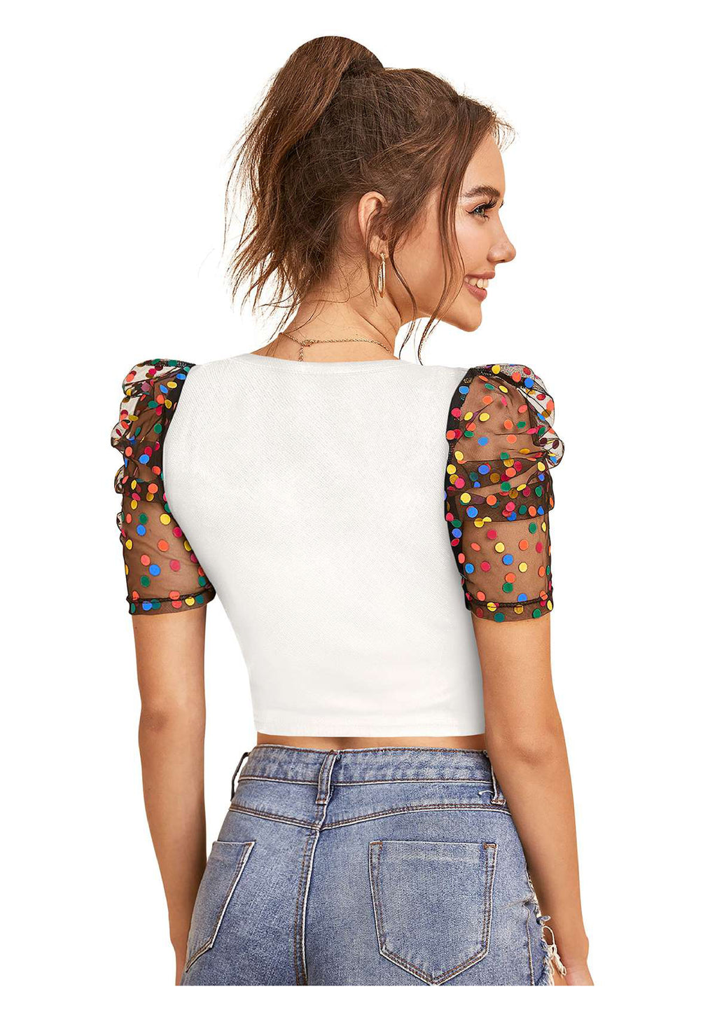 Trendy Puff Sleeve Mesh Crop Top for Women | Party & Casual Wear