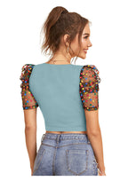 Trendy Puff Sleeve Mesh Crop Top for Women | Party & Casual Wear