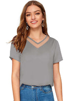 Chic Mesh Neckline V-Cut Top for Women | Elegant Casual & Office Wear