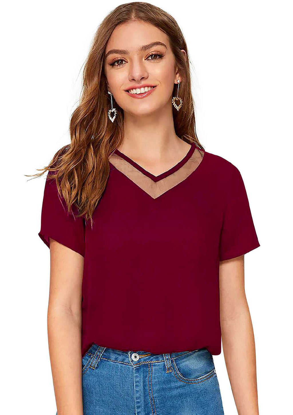Chic Mesh Neckline V-Cut Top for Women | Elegant Casual & Office Wear