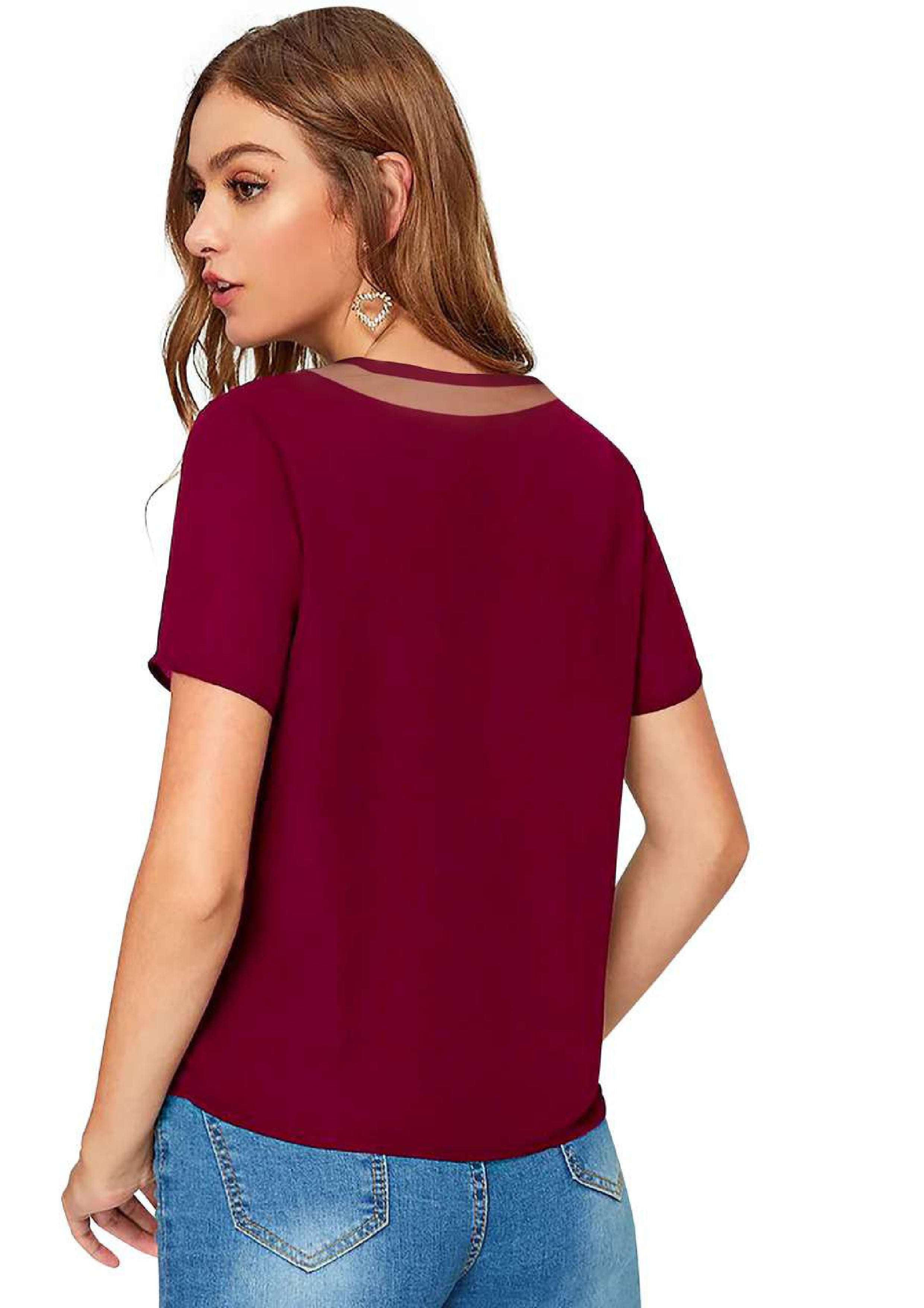 Chic Mesh Neckline V-Cut Top for Women | Elegant Casual & Office Wear