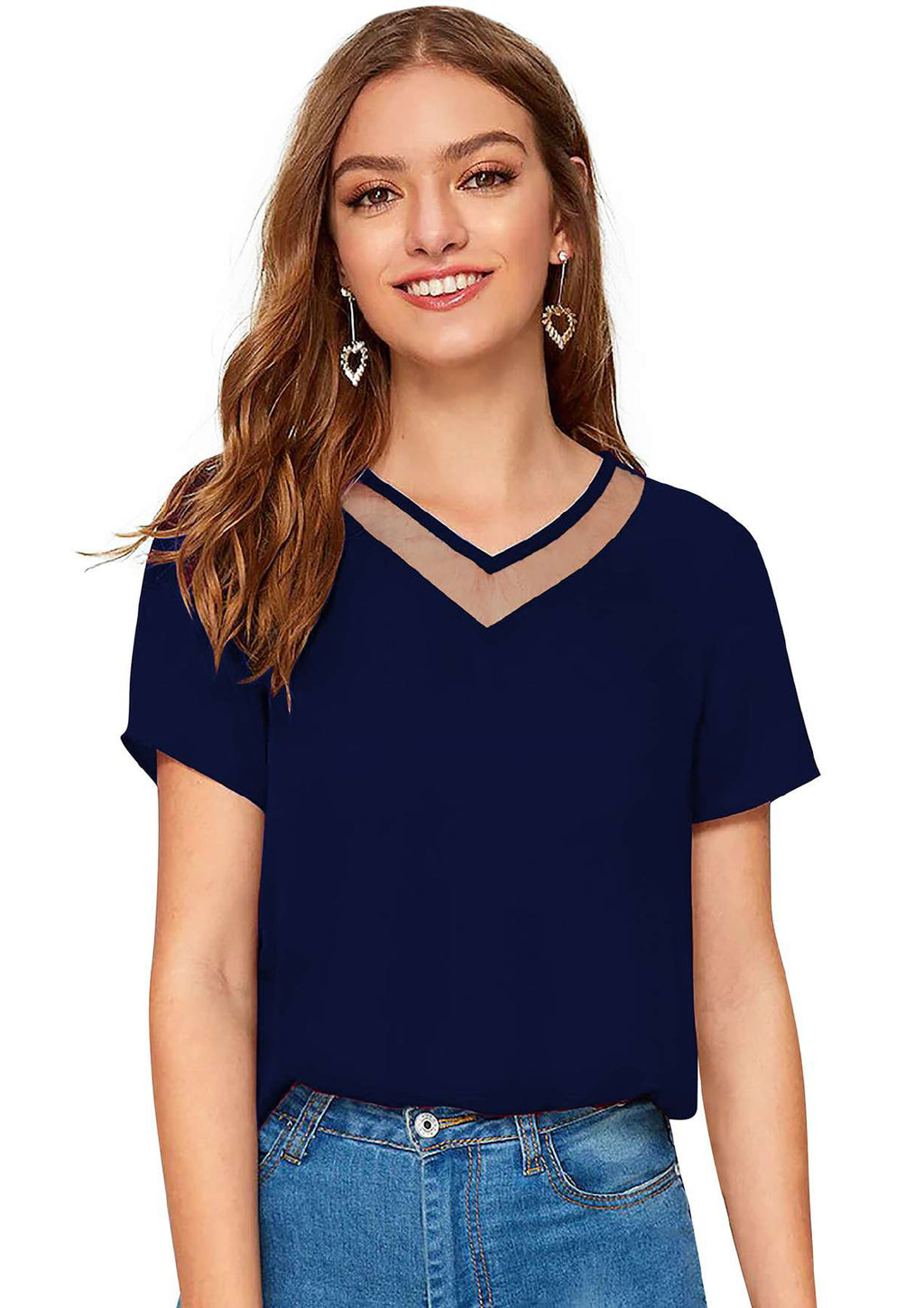 Chic Mesh Neckline V-Cut Top for Women | Elegant Casual & Office Wear