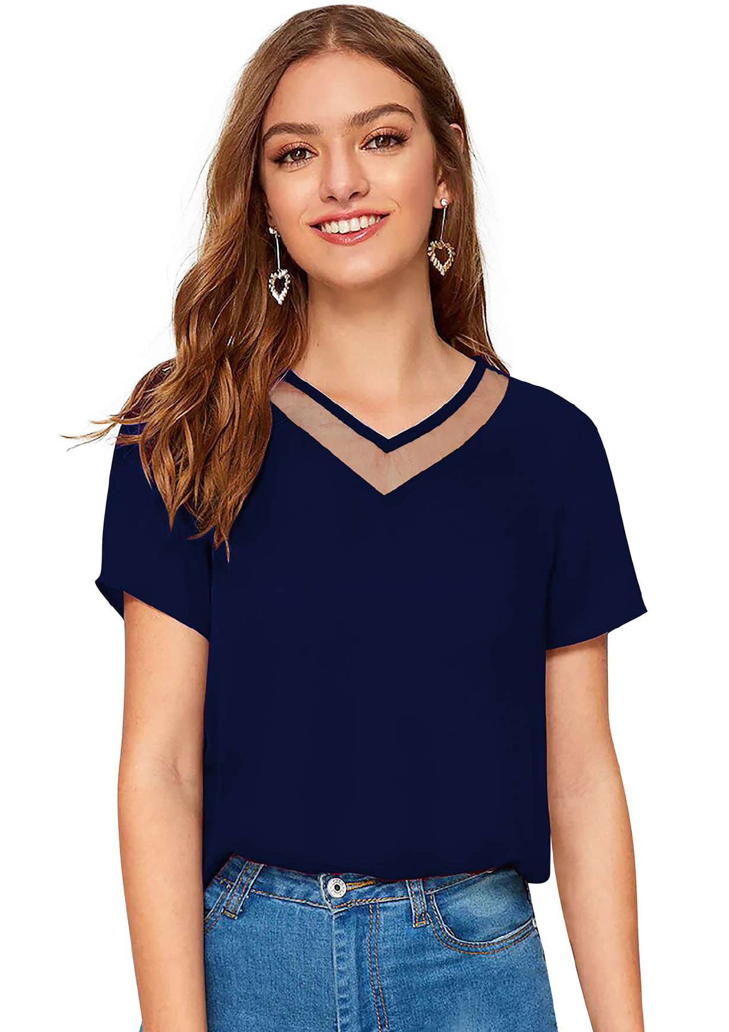 Chic Mesh Neckline V-Cut Top for Women | Elegant Casual & Office Wear