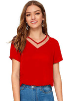 Chic Mesh Neckline V-Cut Top for Women | Elegant Casual & Office Wear