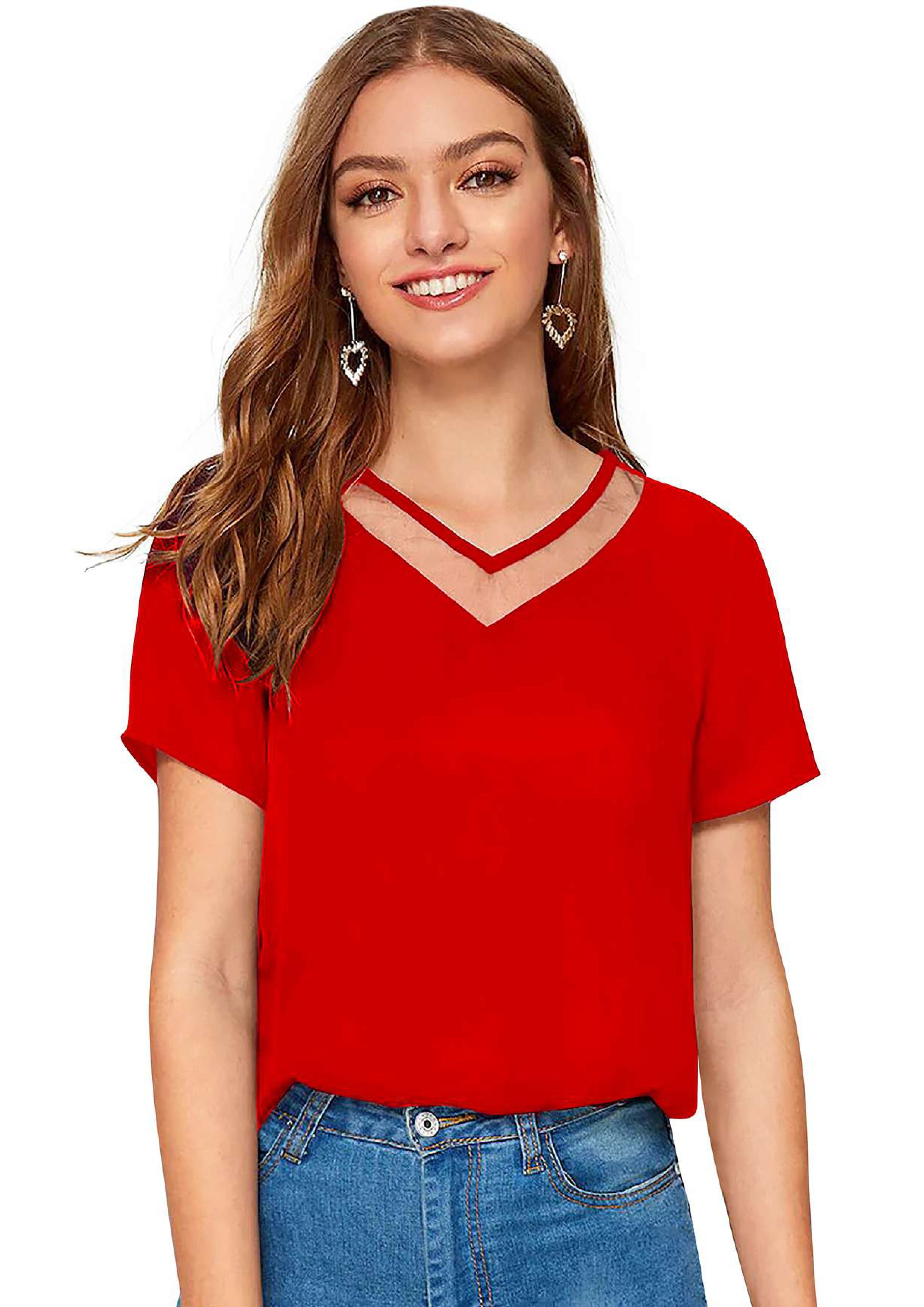 Chic Mesh Neckline V-Cut Top for Women | Elegant Casual & Office Wear