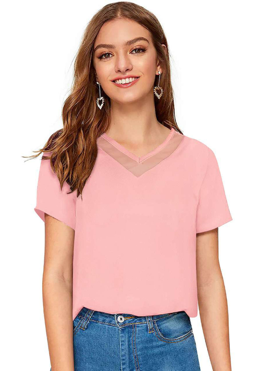 Chic Mesh Neckline V-Cut Top for Women | Elegant Casual & Office Wear