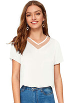 Chic Mesh Neckline V-Cut Top for Women | Elegant Casual & Office Wear