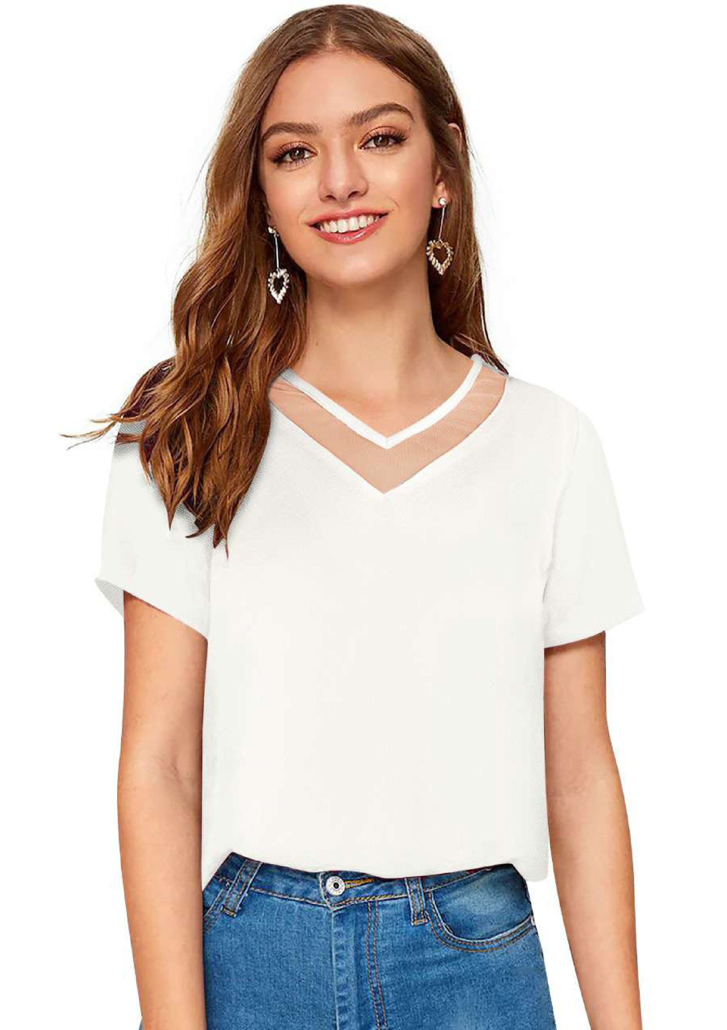 Chic Mesh Neckline V-Cut Top for Women | Elegant Casual & Office Wear