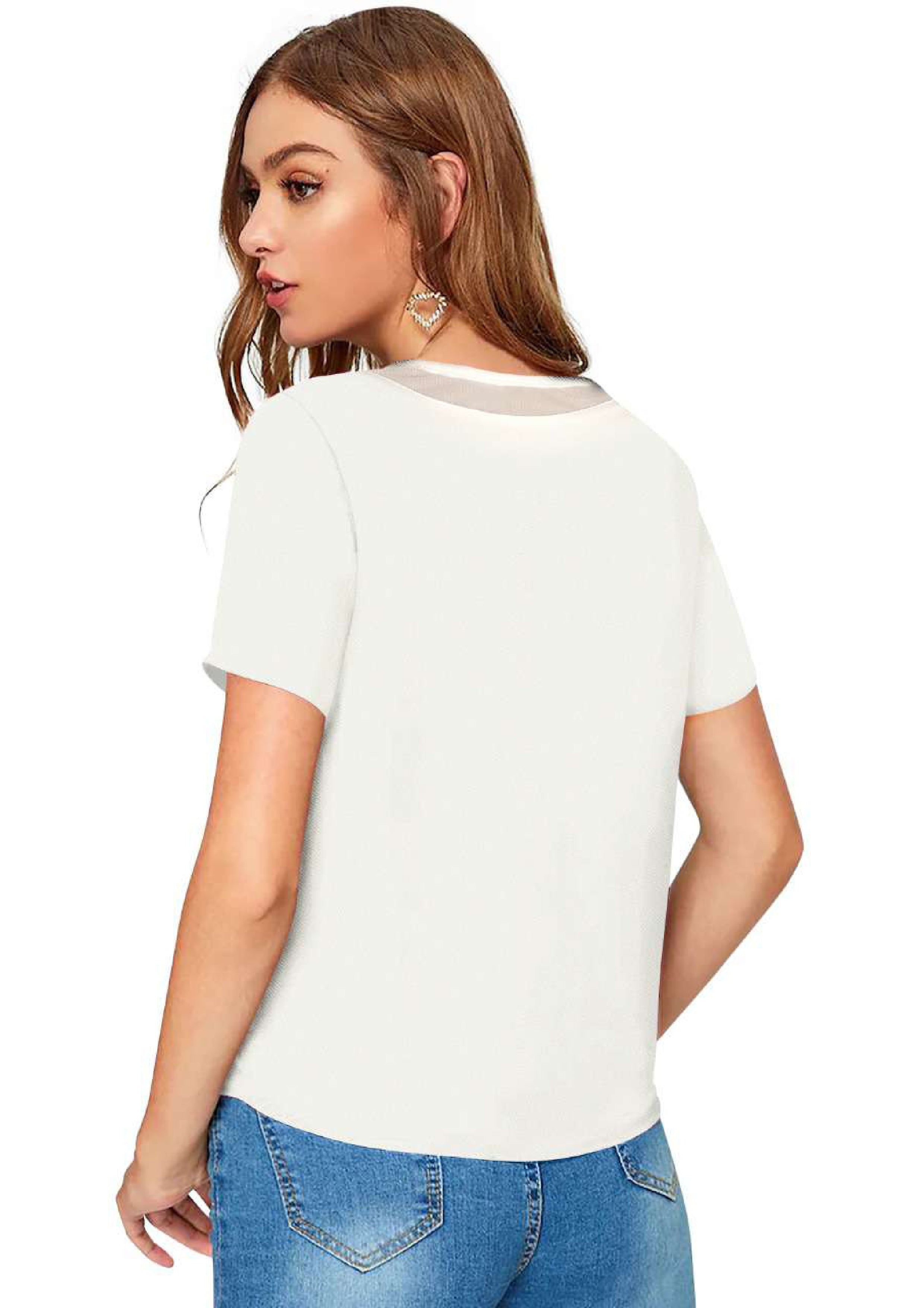 Chic Mesh Neckline V-Cut Top for Women | Elegant Casual & Office Wear