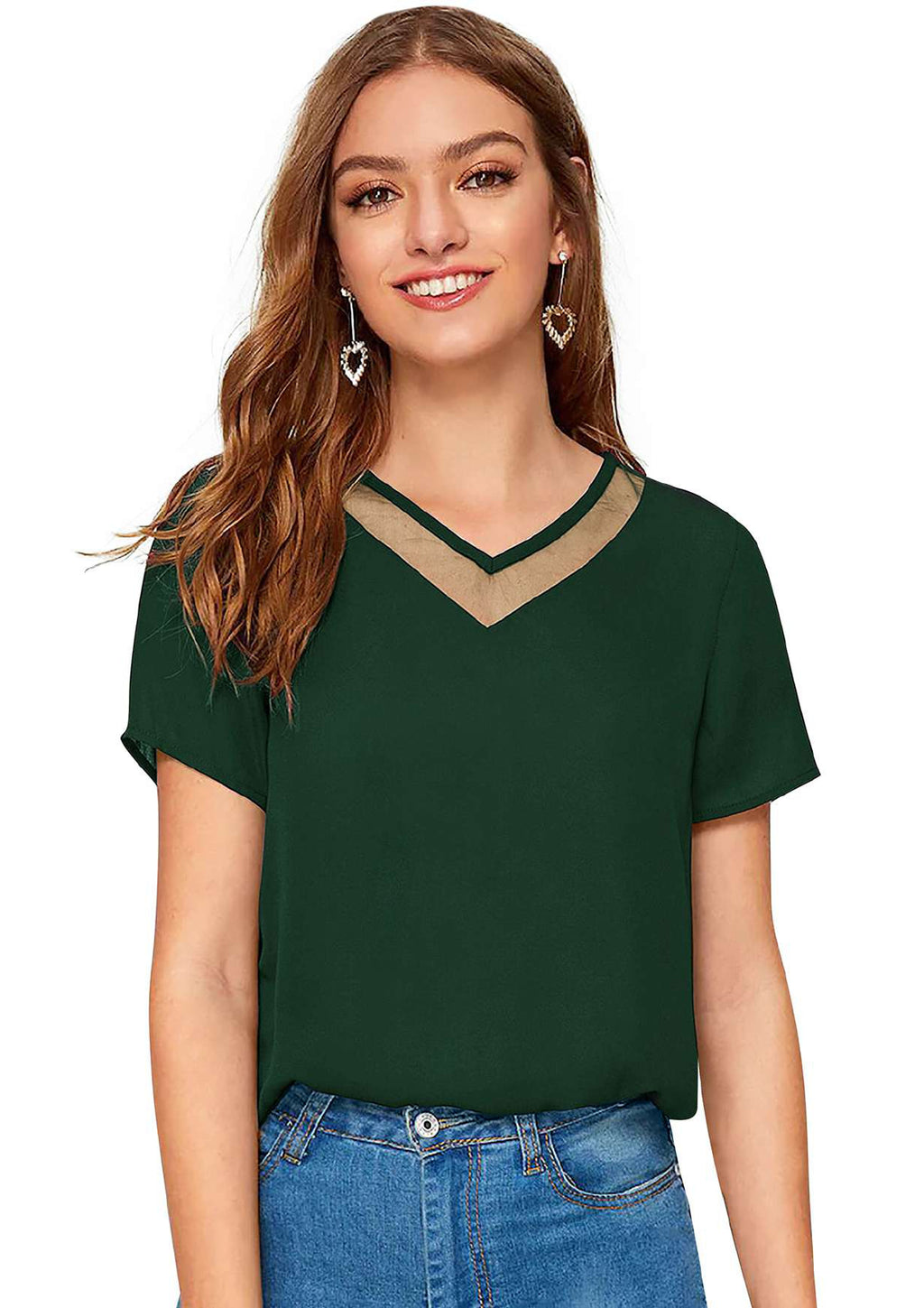 Chic Mesh Neckline V-Cut Top for Women | Elegant Casual & Office Wear