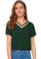 Chic Mesh Neckline V-Cut Top for Women | Elegant Casual & Office Wear