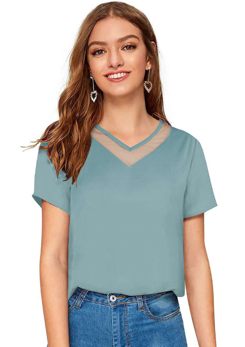 Chic Mesh Neckline V-Cut Top for Women | Elegant Casual & Office Wear
