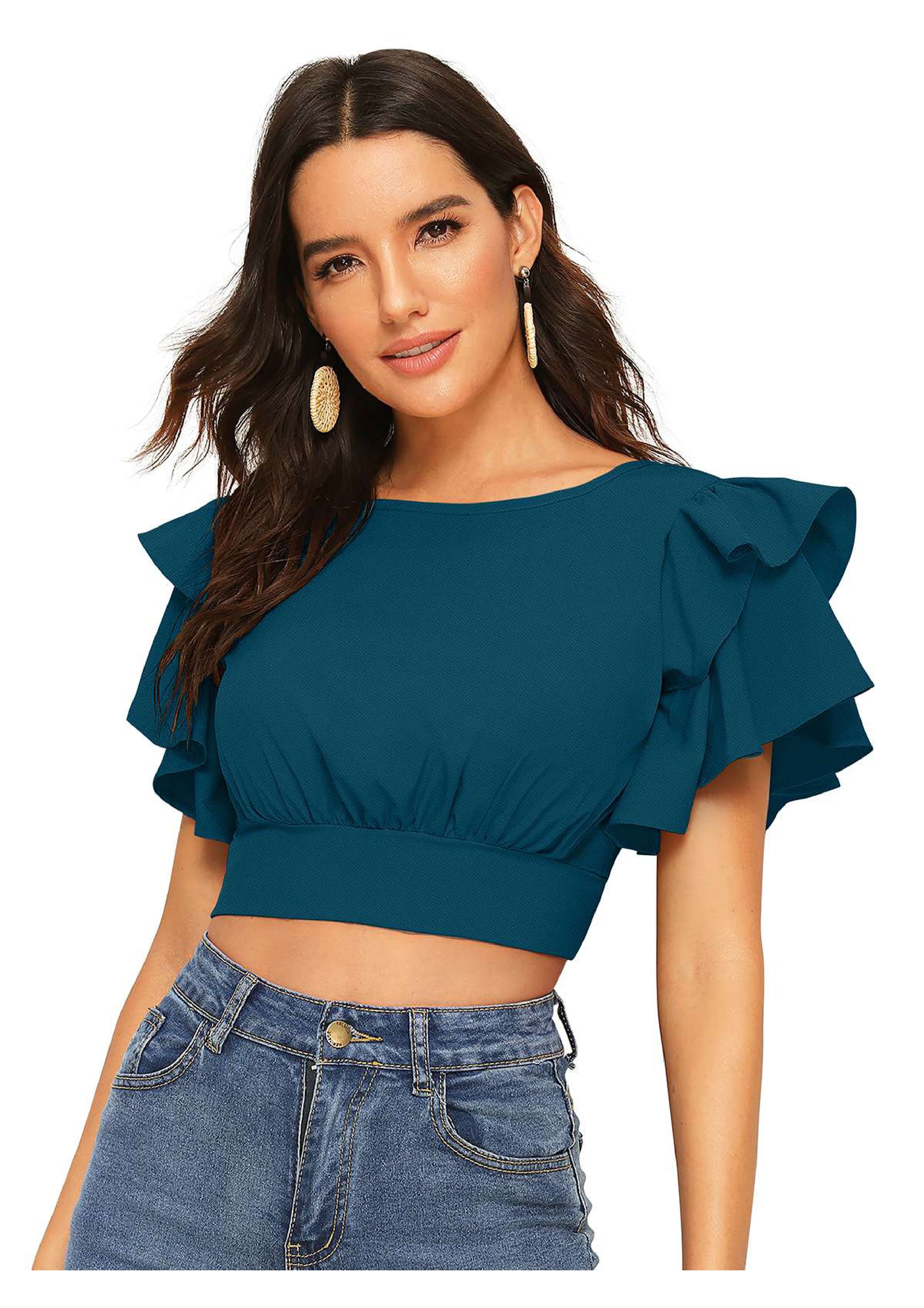 Ruffled Sleeve Crop Top for Women | Trendy Party & Casual Wear
