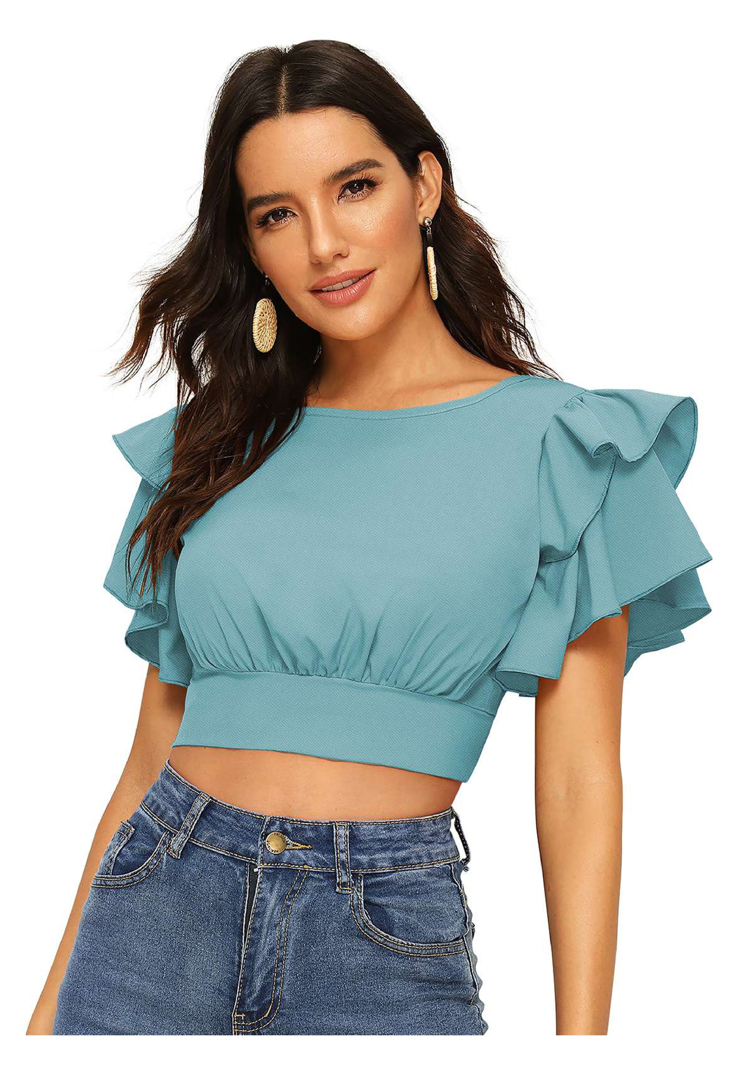 Ruffled Sleeve Crop Top for Women | Trendy Party & Casual Wear