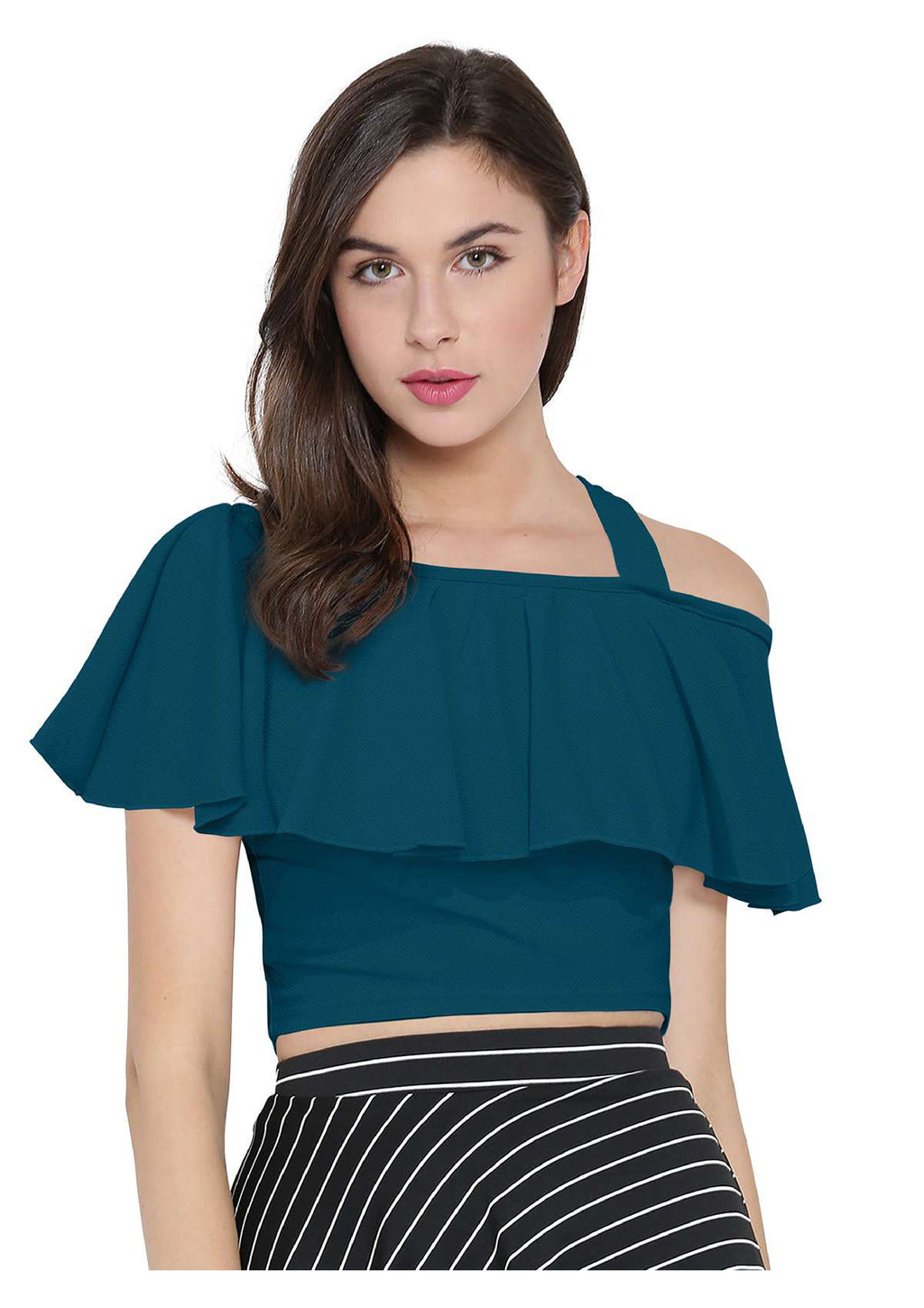 Chic One-Shoulder Ruffle Crop Top for Women | Elegant Western Party & Casual Wear