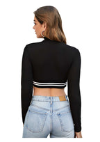 High Neck Striped Hem Long Sleeve Crop Top for Women | Sporty Chic Casual Wear