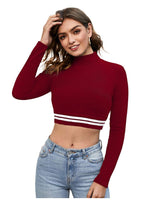 High Neck Striped Hem Long Sleeve Crop Top for Women | Sporty Chic Casual Wear