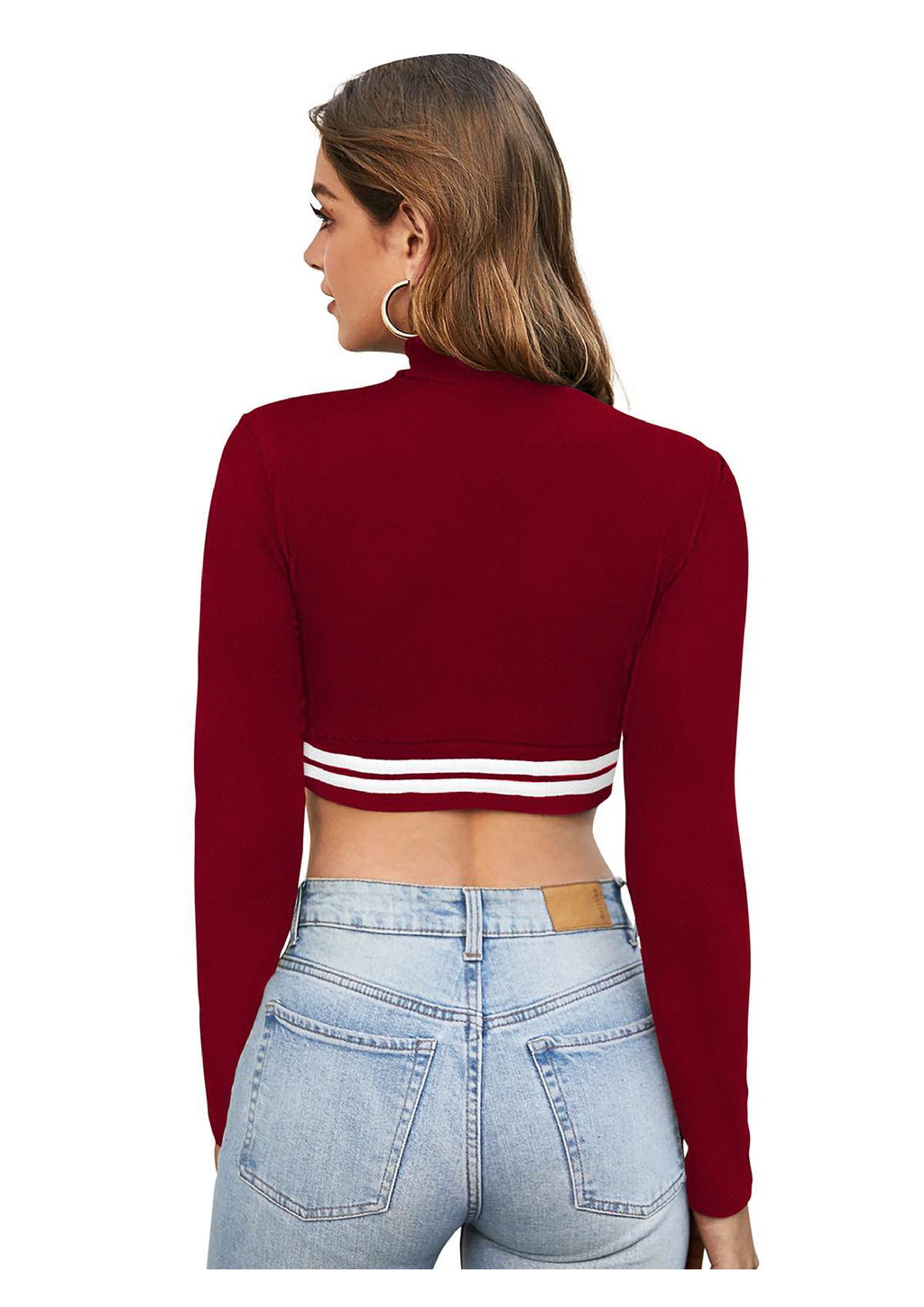 High Neck Striped Hem Long Sleeve Crop Top for Women | Sporty Chic Casual Wear