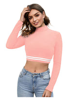 High Neck Striped Hem Long Sleeve Crop Top for Women | Sporty Chic Casual Wear