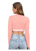 High Neck Striped Hem Long Sleeve Crop Top for Women | Sporty Chic Casual Wear