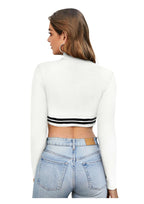 High Neck Striped Hem Long Sleeve Crop Top for Women | Sporty Chic Casual Wear