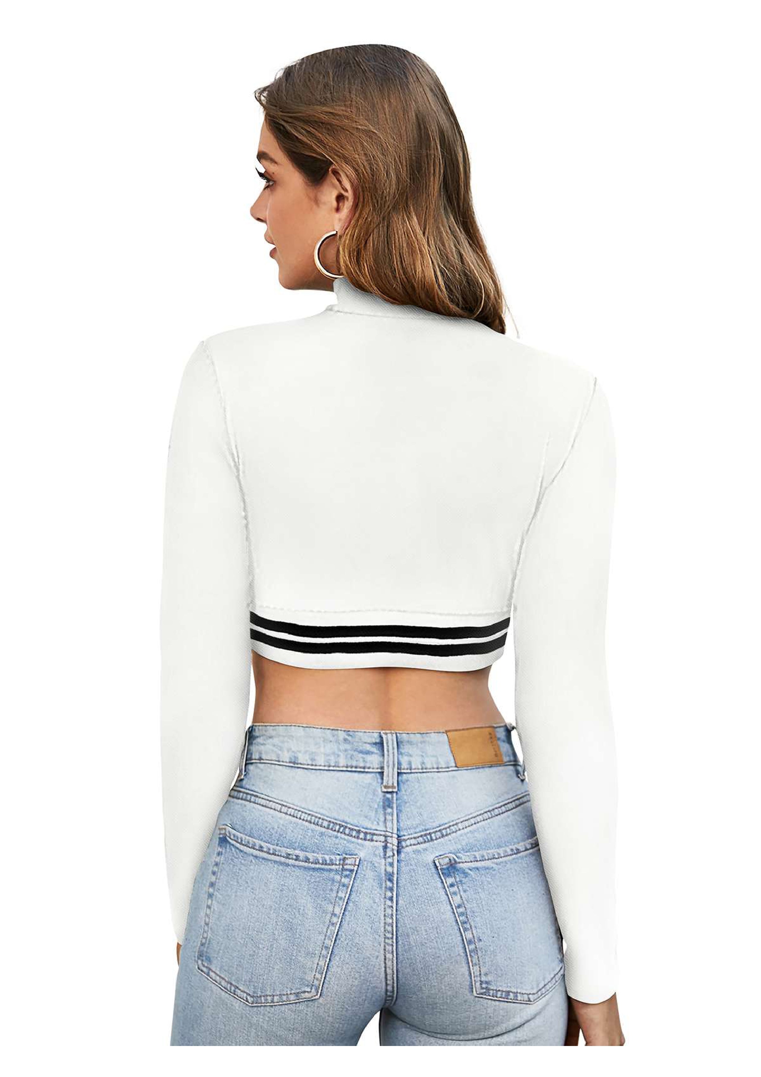 High Neck Striped Hem Long Sleeve Crop Top for Women | Sporty Chic Casual Wear