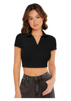 “Ravishing Ruby Ribbed Polo Crop Top – Trendy Casual Wear for Women”