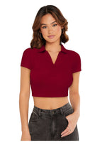 “Ravishing Ruby Ribbed Polo Crop Top – Trendy Casual Wear for Women”