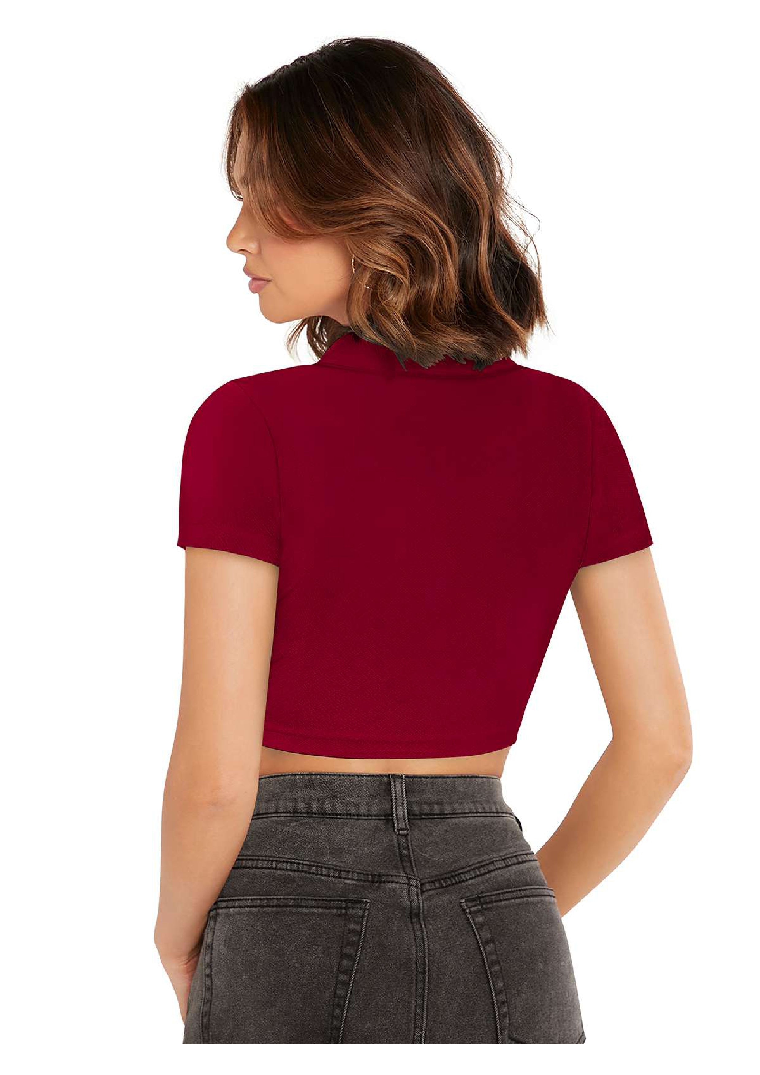 “Ravishing Ruby Ribbed Polo Crop Top – Trendy Casual Wear for Women”