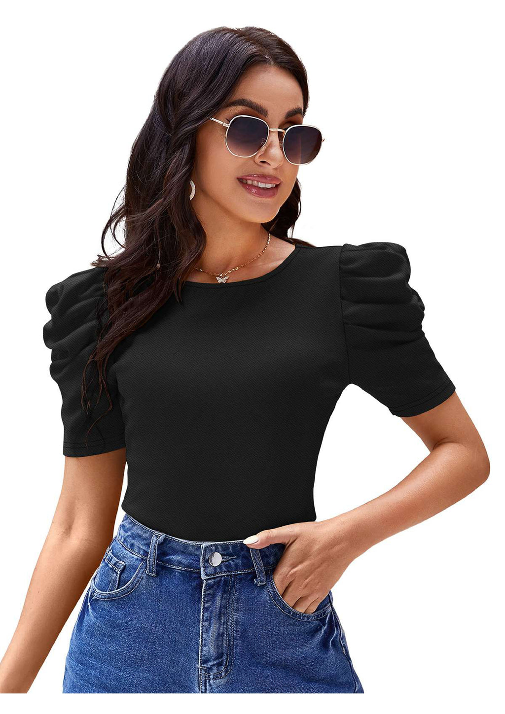 Midnight Grace Puff-Sleeve Crop Top – Classic Elegance Meets Modern Edge