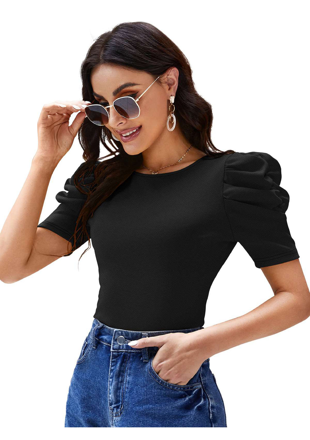 Midnight Grace Puff-Sleeve Crop Top – Classic Elegance Meets Modern Edge