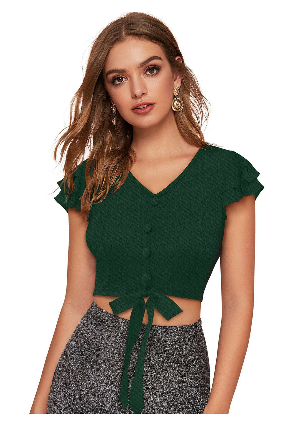 Ruffle Button Tie-Up Crop Top for Women
