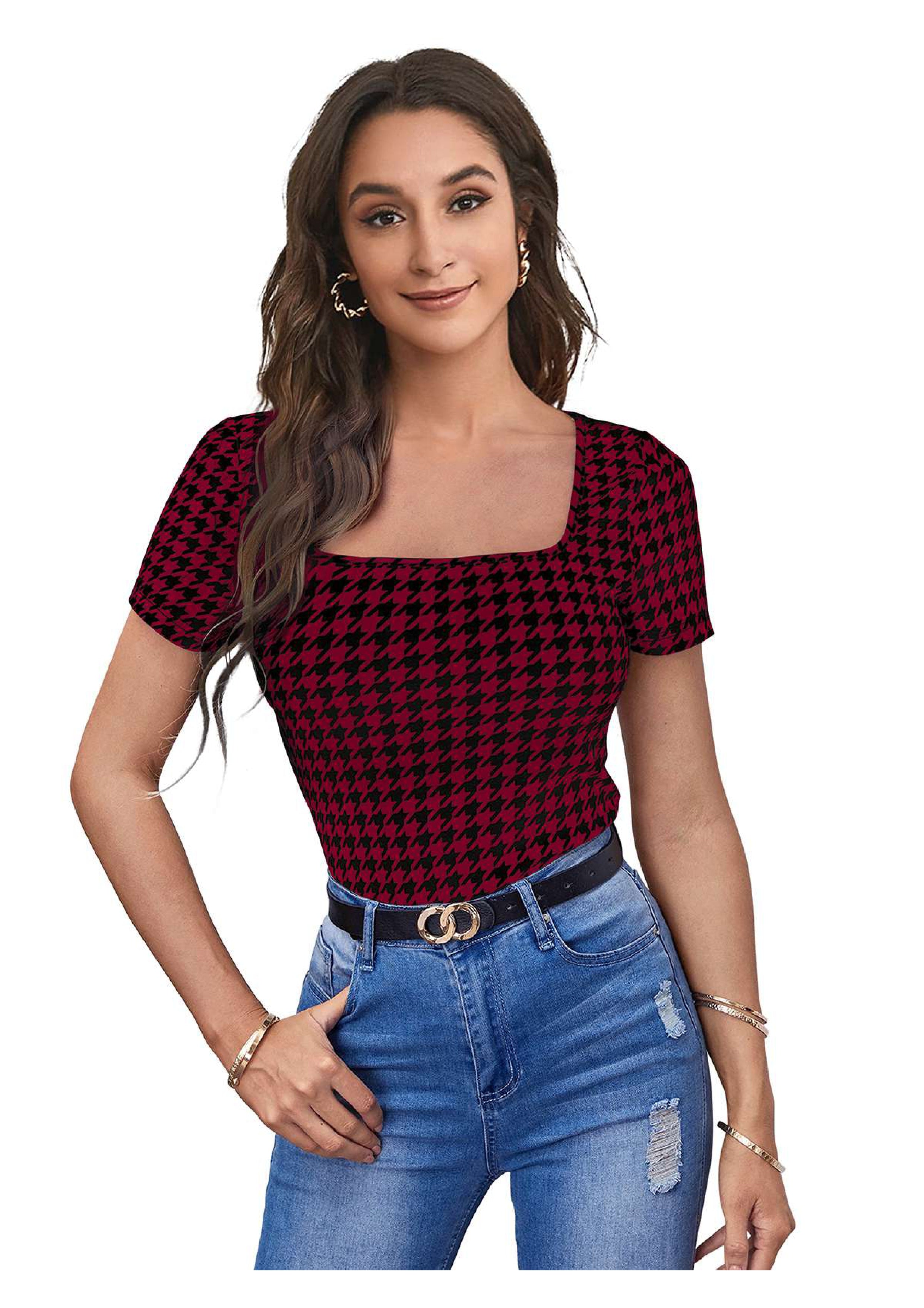 Bold Charm Houndstooth Square-Neck Top