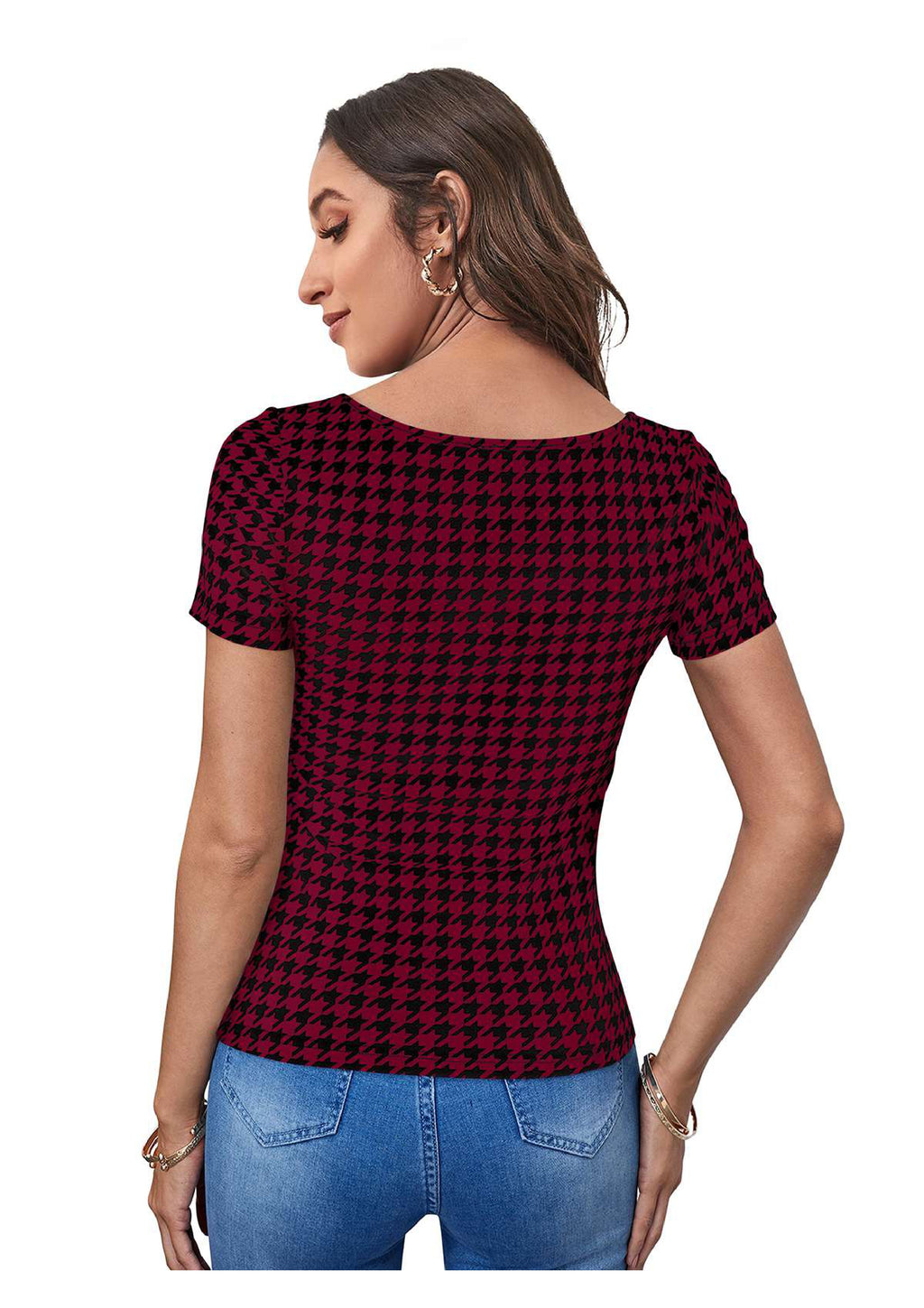 Bold Charm Houndstooth Square-Neck Top