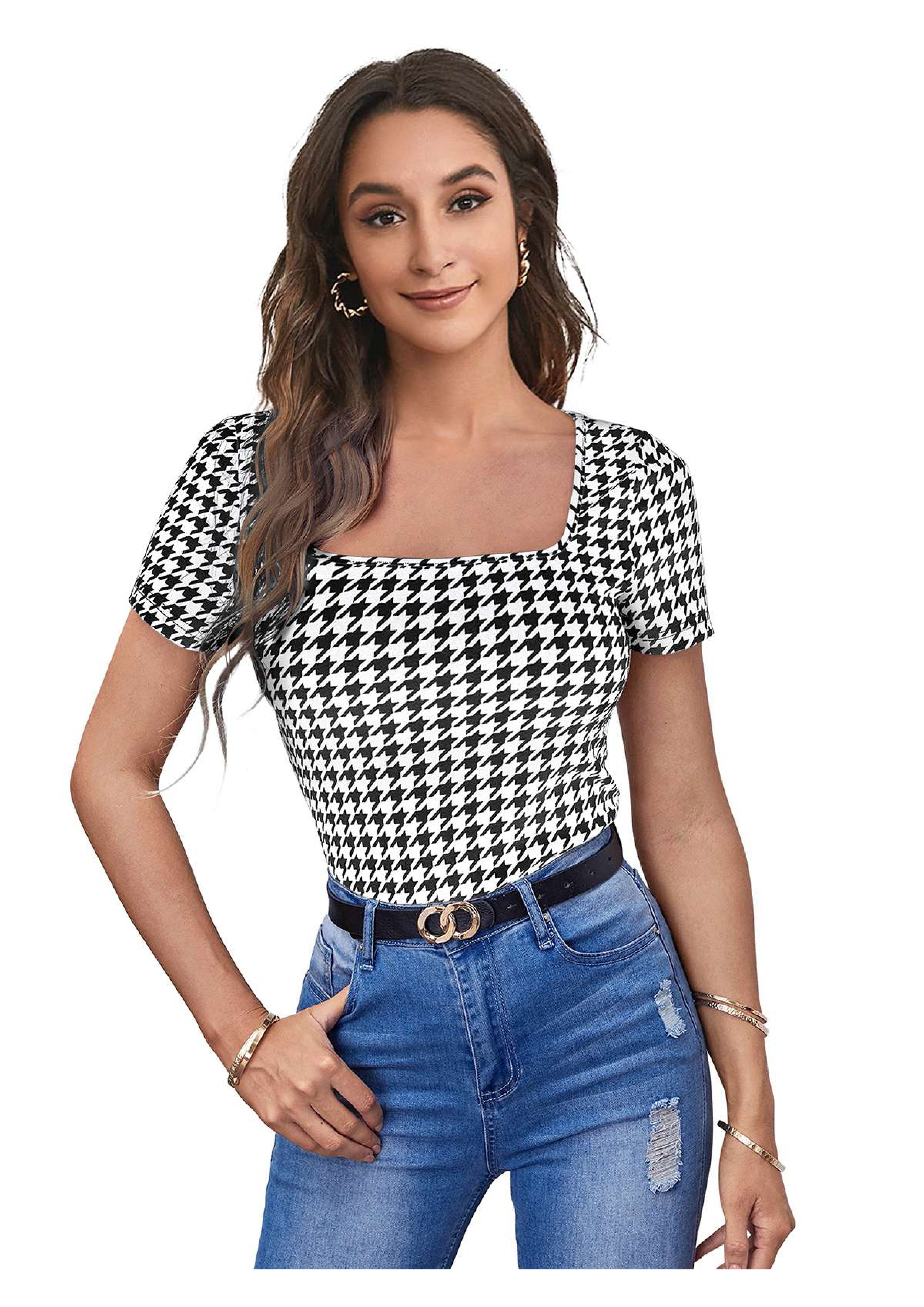 Bold Charm Houndstooth Square-Neck Top
