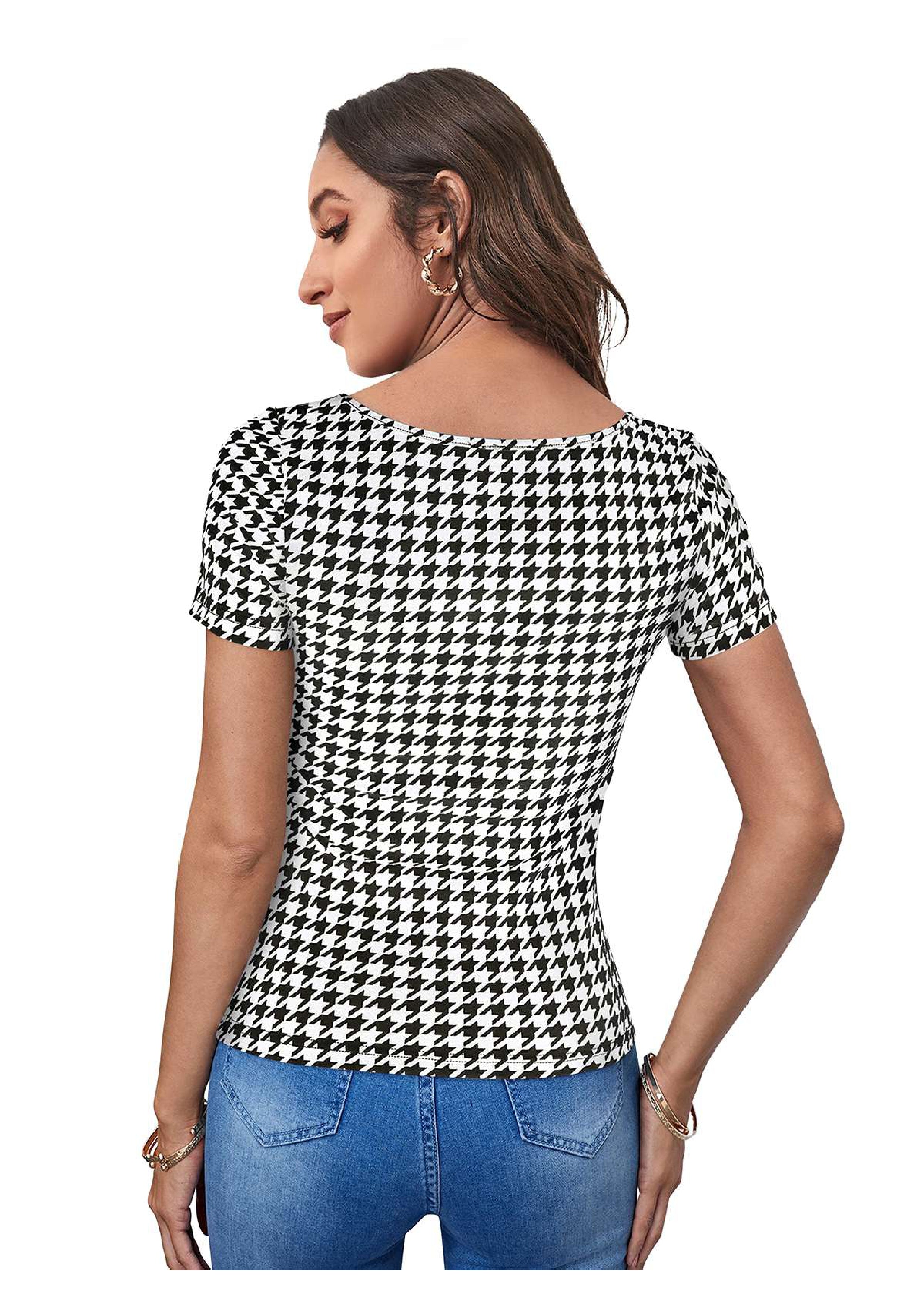 Bold Charm Houndstooth Square-Neck Top