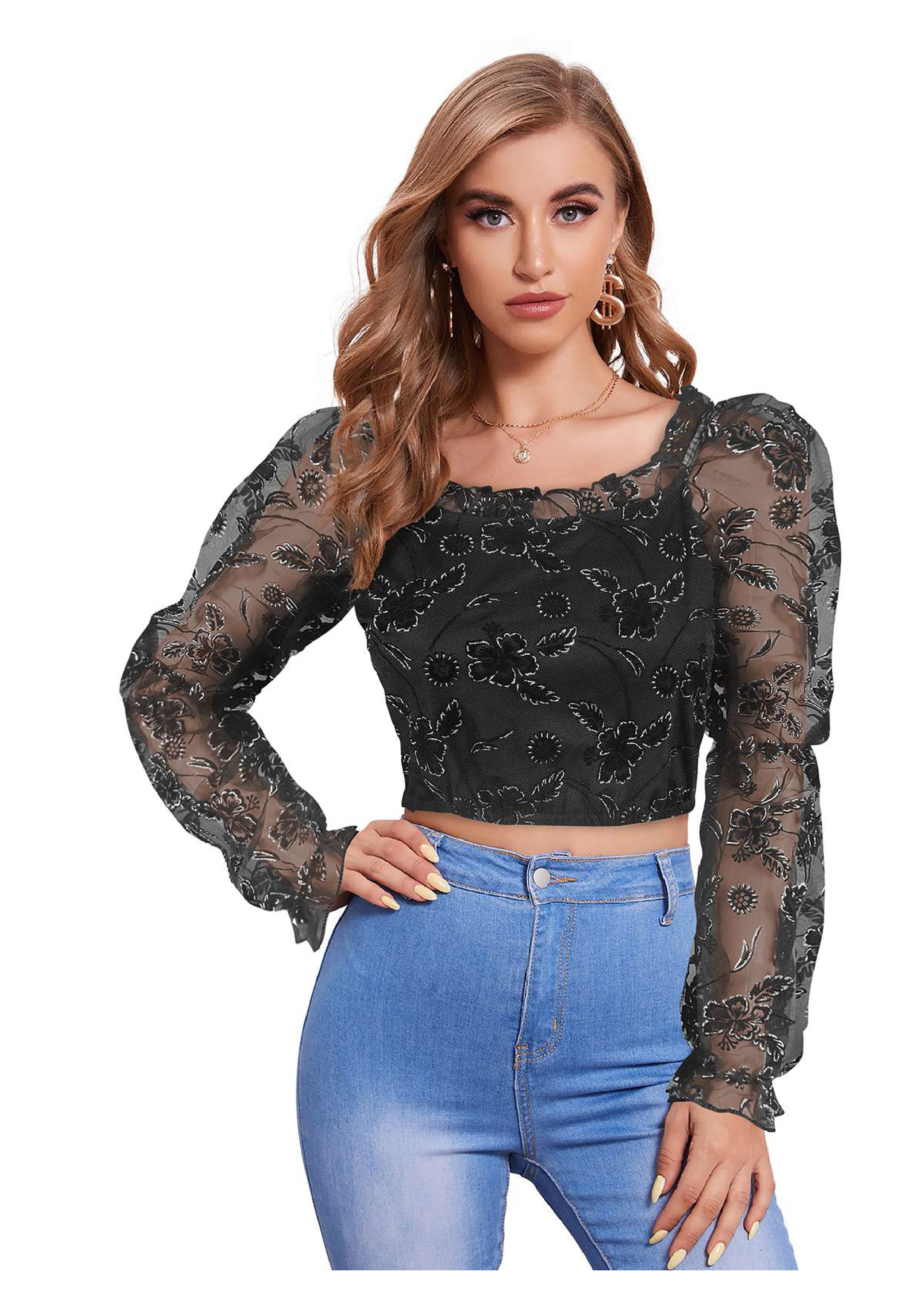 Elegant Floral Mesh Sleeve Crop Top
