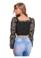 Elegant Floral Mesh Sleeve Crop Top