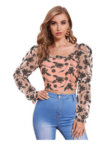 Elegant Floral Mesh Sleeve Crop Top