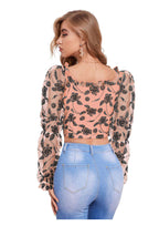 Elegant Floral Mesh Sleeve Crop Top