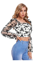 Elegant Floral Mesh Sleeve Crop Top