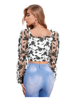 Elegant Floral Mesh Sleeve Crop Top