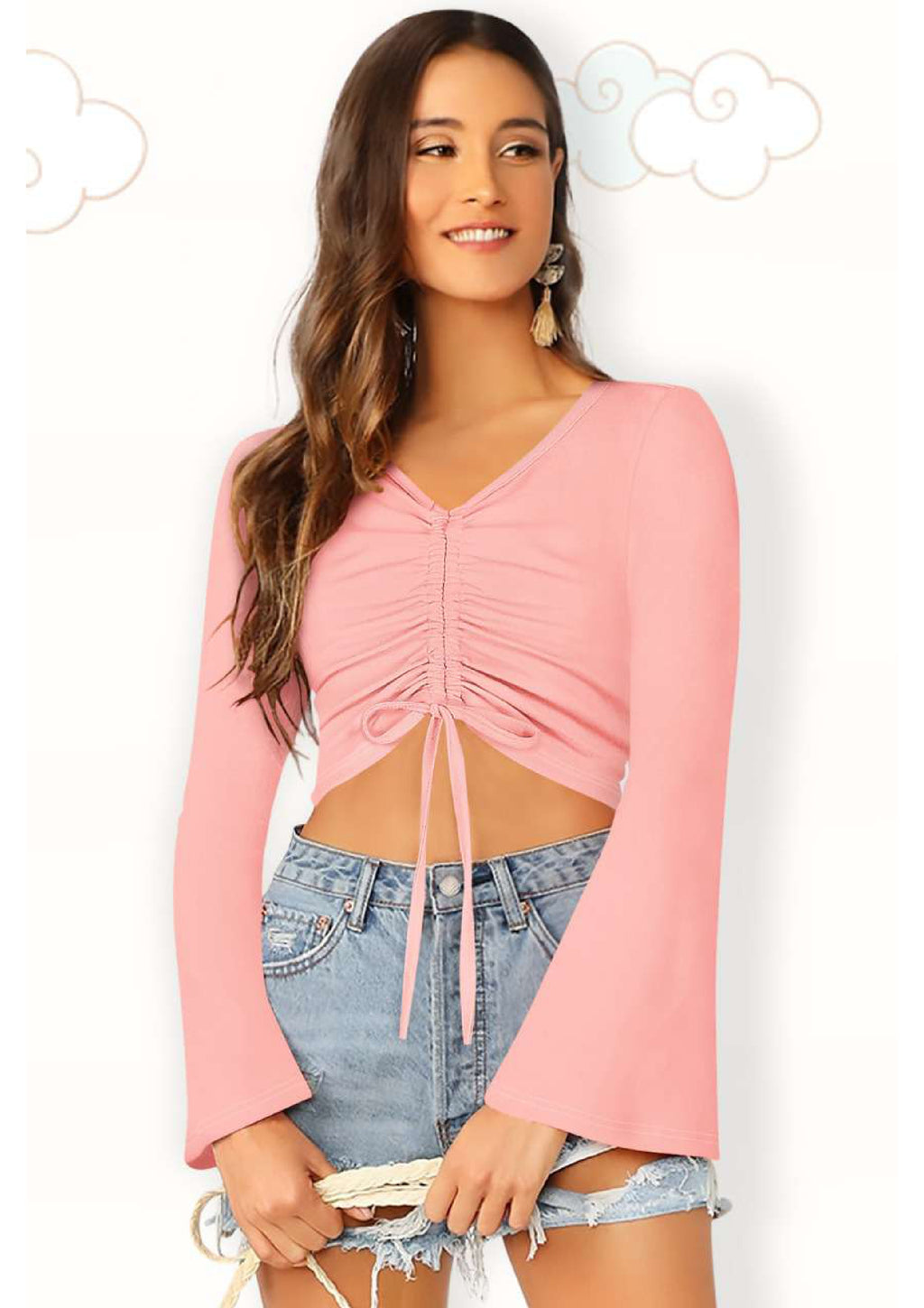 Stylish Ruched Front Crop Top for Women – Trendy Long Sleeve Party & Casual Wear