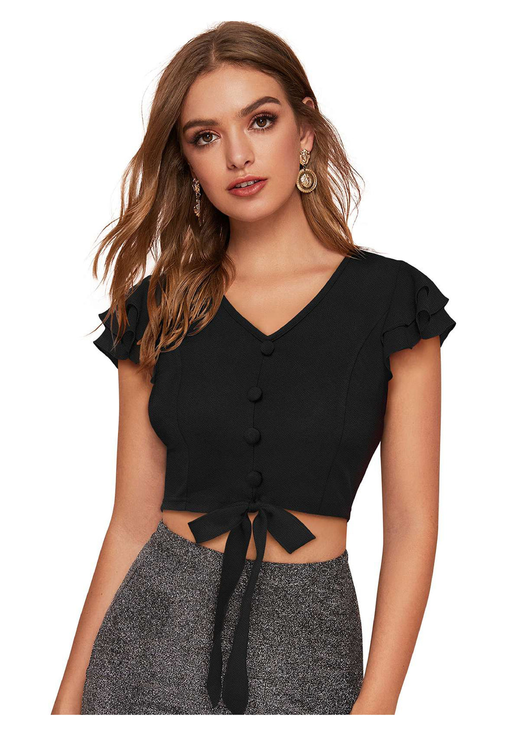 Ruffle Button Tie-Up Crop Top for Women