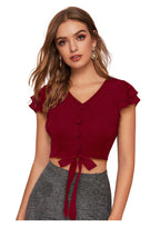 Ruffle Button Tie-Up Crop Top for Women