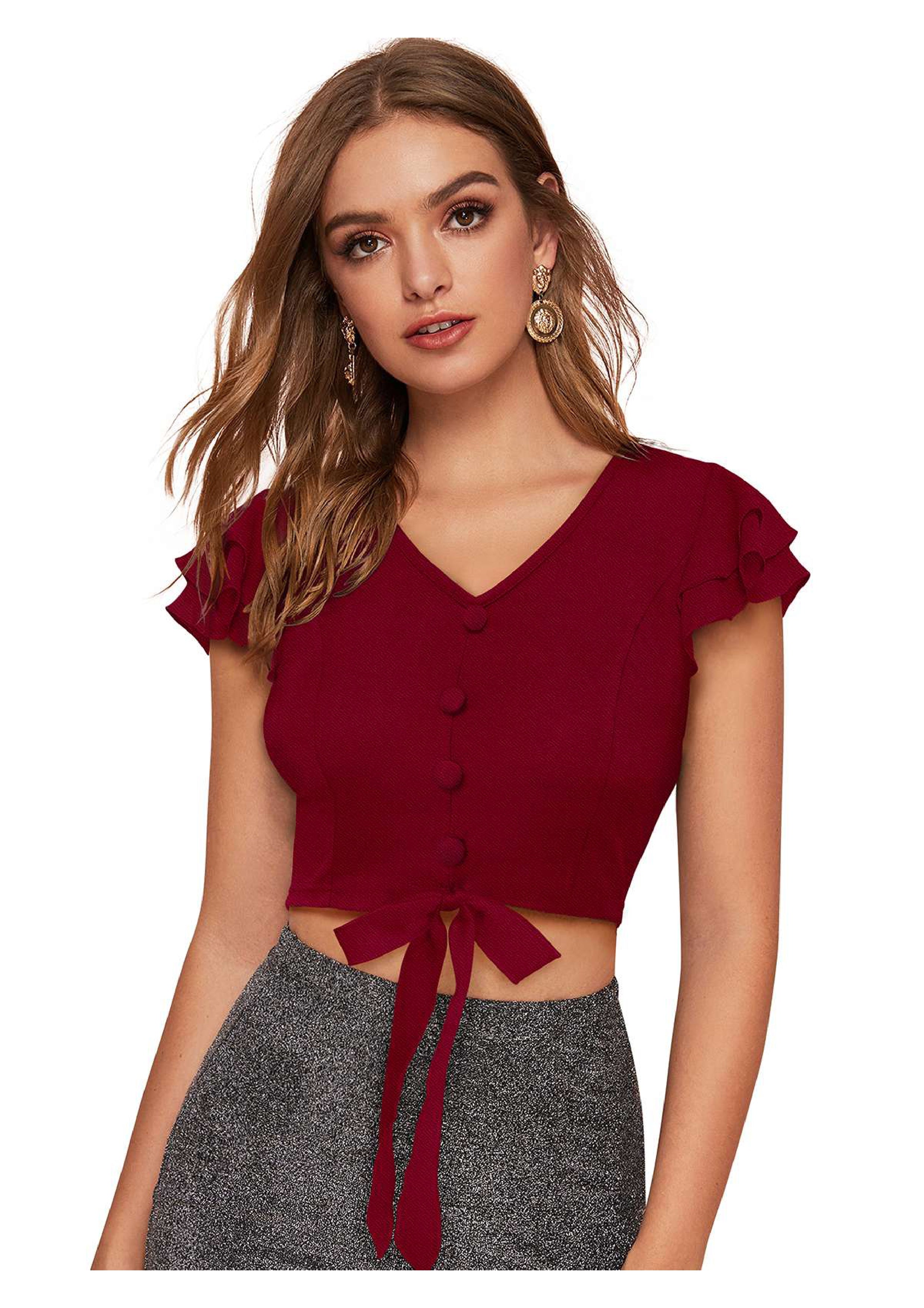 Ruffle Button Tie-Up Crop Top for Women