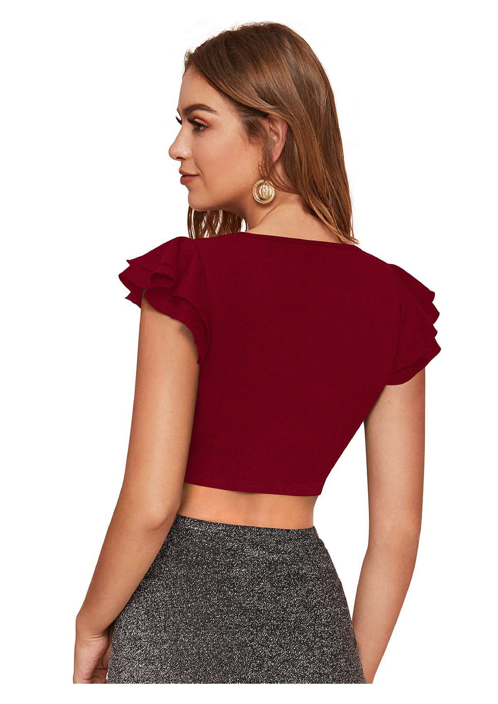 Ruffle Button Tie-Up Crop Top for Women
