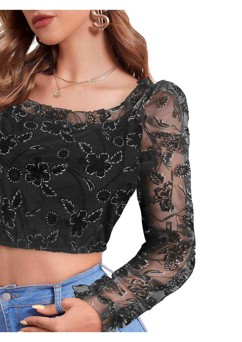 Elegant Floral Mesh Sleeve Crop Top